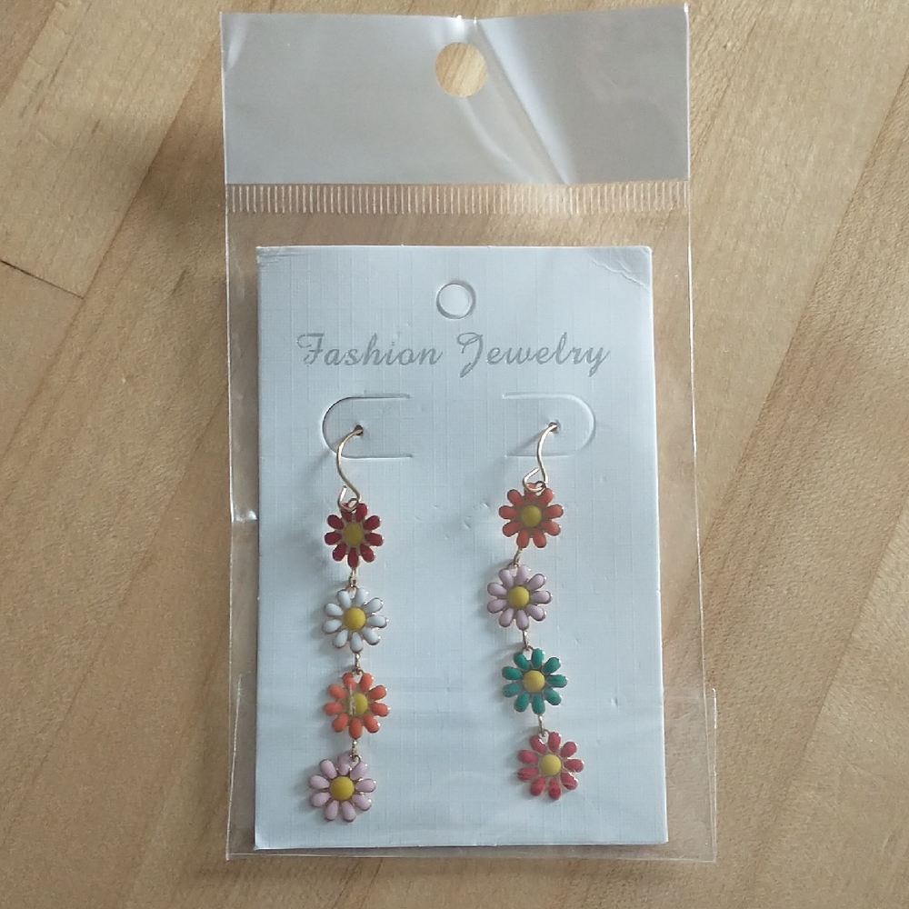 3/$10 Fashion Jewelry Multicolor Floral Drop Earrings with Pink, Red & Yellow
